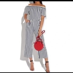 Love Tree Black and White Vertical Striped Off Shoulder Jumpsuit Size M